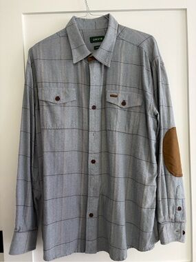 Orvis Gray Windowpane Button-Down Shirt with Brown Elbow Patches